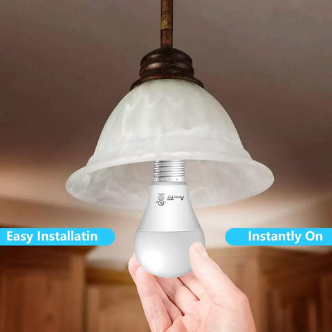 Hand installing A19 LED Light Bulbs Six Pack 9W 60W Equivalent 830 Lumens Daylight 5000K E26 Base UL Listed Non Dimmable Hella Bright