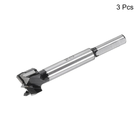 Heavy Duty Rock Solid 3 Piece Forstner Drill Bit Set Featuring Sharp Tungsten Carbide Tips For Clean Wood Drilling And Precision Hole Cutting 3 4 25 32 13 16 Inches And 5 16 Shank close-up angle of a single drill bit with a tungsten carbide tip.