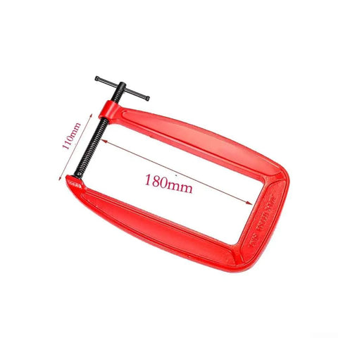 Massive 110mm Jaw G Clamp With Deep Throat For Welding And Woodworking Projects Made From Durable Cast Iron Rust Resistant Orange Finish Heavy Duty C-Clamp For Gluing And Assembly Tasks No Sweat Guarantee in red color.