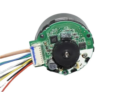 Close-up of brushless servo motor with PWM speed control for DC 9V to 24V, showing 100 line encoder and built-in drive, wide voltage