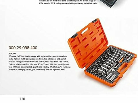 Pro Grade 60 Piece Three Eighth Inch Drive Tool Box Set Kit In Orange Case With Chrome Vanadium Tools, opened showing tools