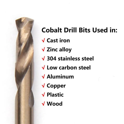 Close-up of One Eighth Inch Cobalt Drill Bit Set 20 Piece Pro Grade M35 HSS with usage list for metal and wood