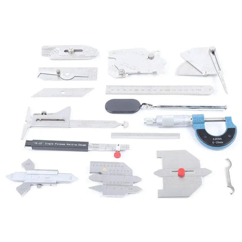 13 Piece Welding Gauge Tool Kit with Carry Case, 0 to 150mm ruler, fillet welding gauge, micrometer, inspection mirror visible.