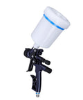 High Performance HVLP Paint Sprayer With 1.7mm Nozzle And 600ml Reusable Cup for coating, featuring a clear cup and sleek grip.