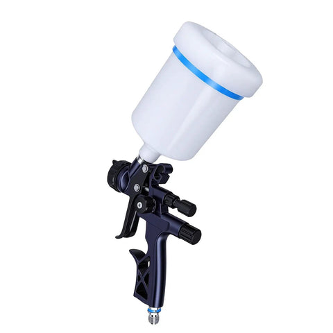 High Performance HVLP Paint Sprayer With 1.7mm Nozzle And 600ml Reusable Cup for coating, featuring a clear cup and sleek grip.