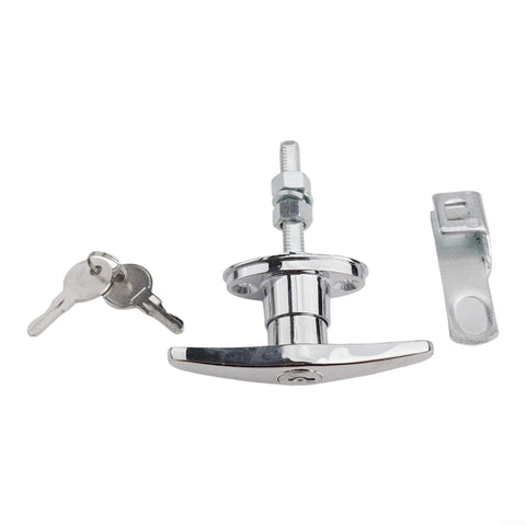 Durable Zinc Alloy T Handle Lock With Keys For Truck Cap Camper Shell And Garage Doors Keeps Your Gear Locked Up With This Multi Purpose Secure Latch Kit In Silver Finish For Quick Easy Install Hardware, showing T-handle, lock cylinder, bolts, two keys, and metal latch.