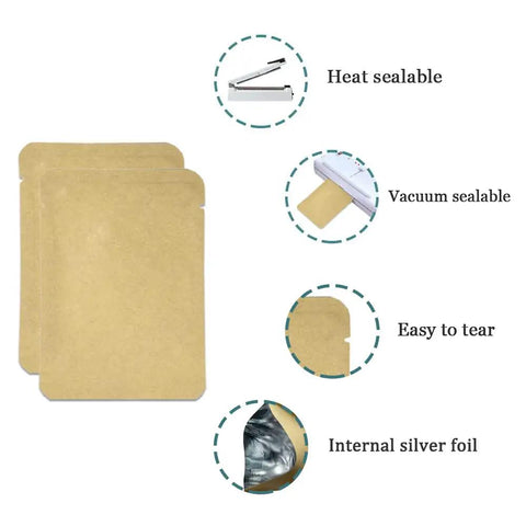 Kraft Paper Outside Vacuum Seal Bags With Foil Inside Open Top Heat Sealable Mylar Pouches For Sample Food Storage, Tear Notches