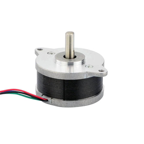 Front view of round NEMA 14 bipolar stepper motor with shaft, silver housing, four-wire leads