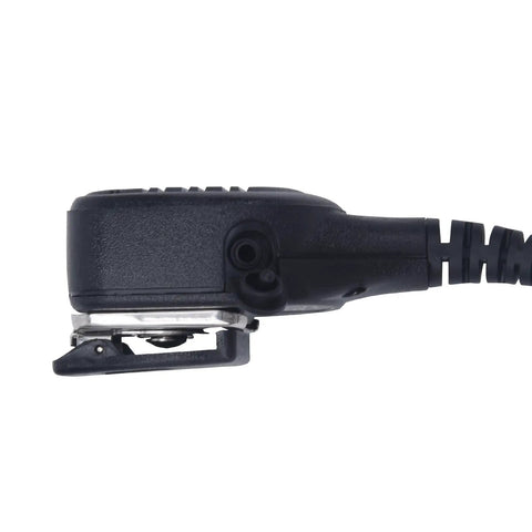 Side view of Hands Free Two Way Pro Grade Radio Shoulder Microphone For Hytera Walkie Talkie With IP54 Water Resistant Clip On Mic