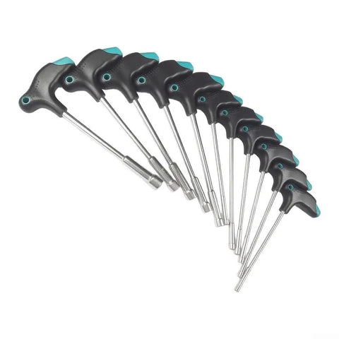 Tough T Handle Hex Socket Wrench Set 11 Piece With Magnetic Head Rubberized Non Slip Grip showing ergonomic grips.