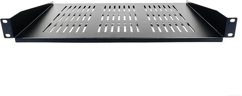 2 Pack 1U Vented Cantilever Server Rack Shelf 10 Inch Deep Fits Standard 19 Inch Network Cabinets, black metal with ventilation holes.