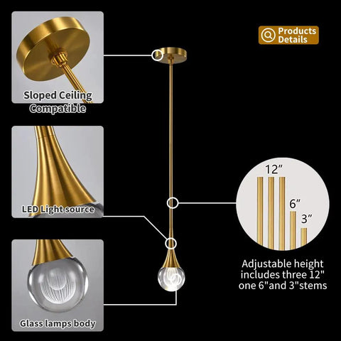 Gold Globe Teardrop Crystal Mini Pendant Light For Kitchen And Dining, Dope 1 Light LED Fixture With adjustable height diagram