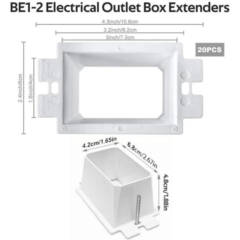 Easy Install Electrical Box Extenders Kit For 1 Gang And 4 Inch Square Boxes With Self Leveling Support Extends Depth By 1.5 Inches Includes 20 Screws Great For Outlets Switches GFCIs And Receptacles, showing 1-gang size and measurements.