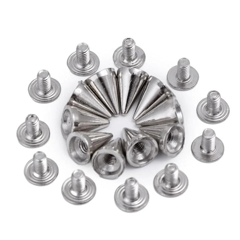 Front view of 10 silver cone rivet studs with washer bases for leather clothes, bags, and shoes.