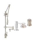 Slick Top Shelf Distressed Antique Pewter Kitchen Sink Faucet With 12 Inch Articulated Pulldown Sprayer And Complete 4 Piece Deck Mount Suite For Quick Upgrades, showcasing faucet components and sprayer.