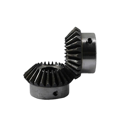 Close-up of Beefy Heavy Duty Steel Pinion Gear Set 2 Module 15 Tooth Bevel Gear with Keyway for 90 Degree Power Transmission.