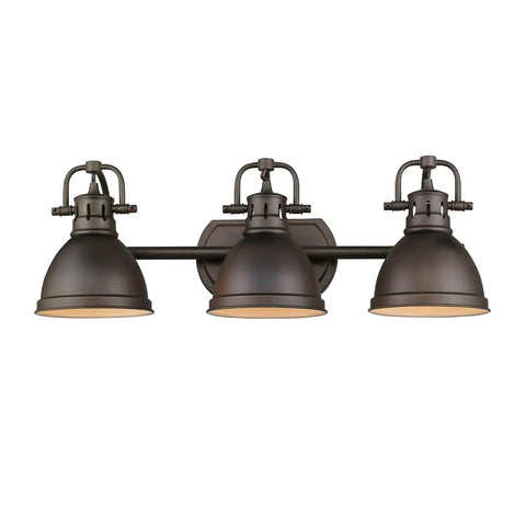 Three Light Bath Vanity In Rubbed Bronze With Matching Shades, Damp Location Rated, Duncan Collection Fixture