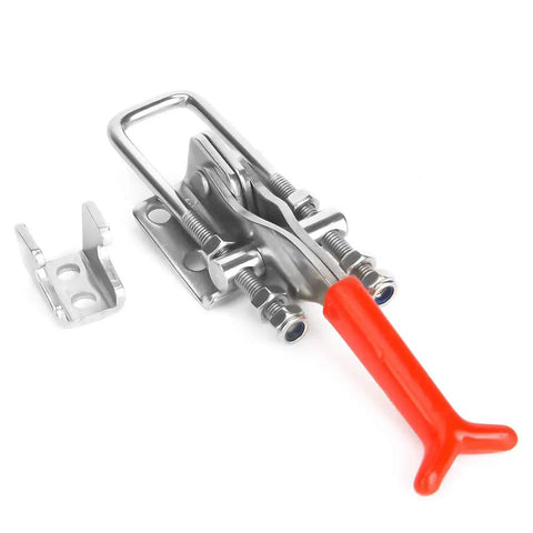 Beefy Heavy Duty Toggle Arm Clamp For Machining And Parts Assembly 320 Kg 704 Lbs Clamping Power 304 Stainless Steel Elbow Bar 51 Mm Reach Smooth Lever Action That Counters Side Thrust And Keeps Joints Tight. 304 stainless steel toggle clamp with red handle