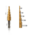 Pro Grade 3 Piece Step Drill Bit Set With Titanium Coated High Speed Steel For Plastic Aluminum And Sheet Metal Drilling Quick Change One Quarter Inch Hex Shank Two Flute Design For Faster Smoother Cuts Includes Well Built Carry Bag And Metric Sizes showing bit with size measurements