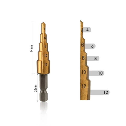 Pro Grade 3 Piece Step Drill Bit Set With Titanium Coated High Speed Steel For Plastic Aluminum And Sheet Metal Drilling Quick Change One Quarter Inch Hex Shank Two Flute Design For Faster Smoother Cuts Includes Well Built Carry Bag And Metric Sizes showing bit with size measurements