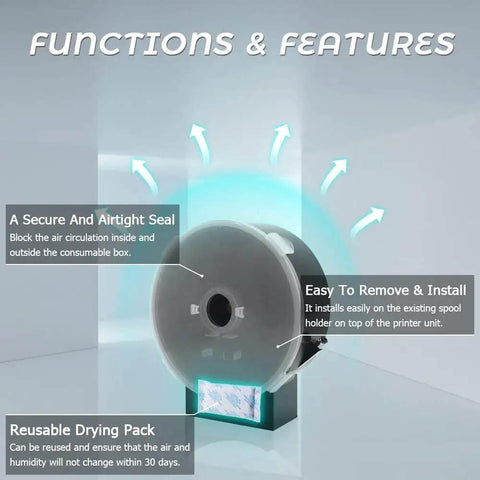 Filament Dryer Box for 3D printer, showing functions like airtight seal, easy installation, and reusable drying pack.