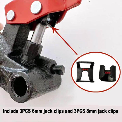 Close-up of Six Piece Floor Jack Spare Parts Kit for 2 Ton and 3 Ton Horizontal Car Floor Jacks showing 6mm and 8mm clips.