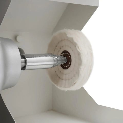 Close-up of cloth grinding wheel on Heavy Duty Dual Head Bench Grinder With Adjustable Dust Guards for precise polishing.