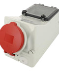 No Nonsense Heavy Duty Red Power Socket With Integrated Rcd Safety Mechanism 32 Amp 400 Volt 5 Pin Wall Mount IP44 weatherproof unit.