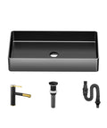Modern Black 304 Stainless Steel Countertop Bathroom Sink Paired With Streamlined Faucet, Built Tough Thick Walls And Slick Scratch Resistant Surface For Everyday Family Use, showing sink and faucet set.