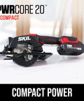 Super Compact One Handed Cordless Circular Saw Kit With Four And A Half Inch Blade Brushless Motor 20V Lithium Battery And Charger on a modern countertop.