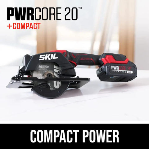Super Compact One Handed Cordless Circular Saw Kit With Four And A Half Inch Blade Brushless Motor 20V Lithium Battery And Charger on a modern countertop.