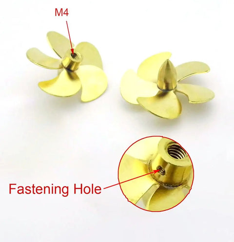 Copper 5 Blade RC Boat Propeller 31mm M4 Prop For 4mm Shaft Right Handed Rotating Prop For Scale Marine Submarine Tug And Fishing Boat, Durable Soldered Blades For Strong Thrust with fastening hole and M4 shaft detail.