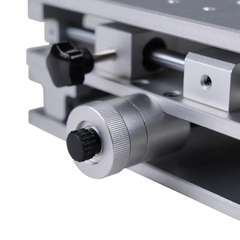 Close-up of 2 Axis Workbench XY Table With Polished Lifting Platform For Laser Engraver Machines, showing adjustment knobs.