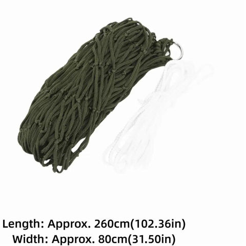 Single Person Outdoor Camping Hammock With Breathable Nylon Mesh And Rope in green, length 260 cm and width 80 cm.