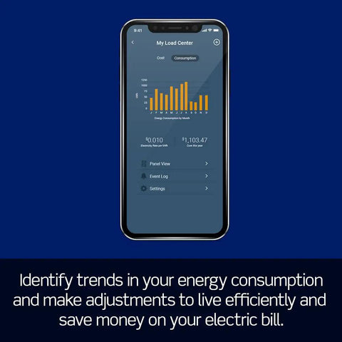 Smart Data Hub For Home Automation With Go Wireless Or Ethernet Connectivity Plug On Circuit Breakers Color Indicator Handles And LED Status Easy Setup Real Time Monitoring And Control displayed on smartphone screen showing energy consumption graph.