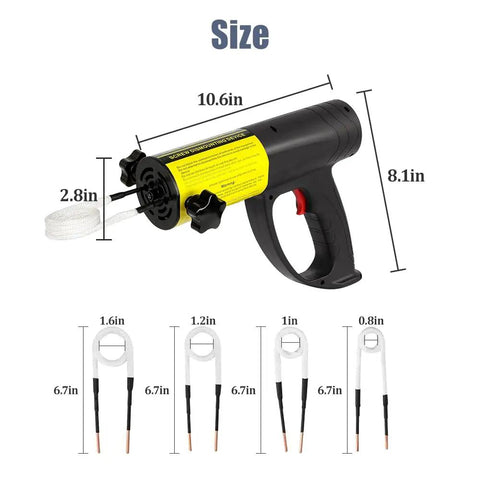 Heavy Duty 1500W Magnetic Induction Heater Kit For Rapid Bolt Removal And Frozen Bearing Extraction With Four Interchangeable Coils and dimensions shown.