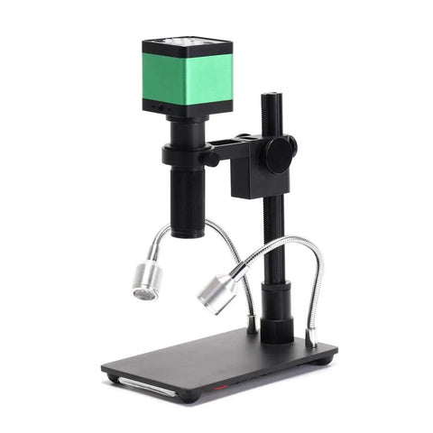 48MP C Mount Digital Microscope Camera for PCB Soldering and DIY Repair, featuring HDMI USB live view on adjustable stand