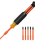 Six-In-One Insulated Multi-Bit Screwdriver With Auto Locking Collar And In-Handle Bit Storage For Electrical Work, One Thousand Volt Rated