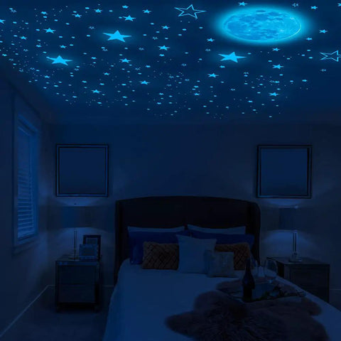 Night Sky Glow Stars Ceiling Stickers Kit With 1049 Pieces Including Moon And Stars, Self Adhesive Wall Decals for kids room ceiling