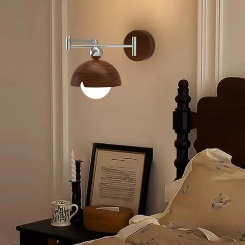Swing Arm Wall Sconce, Modern Wood Lamp Bedside Reading Bedroom with wooden dome shade and chrome accents.