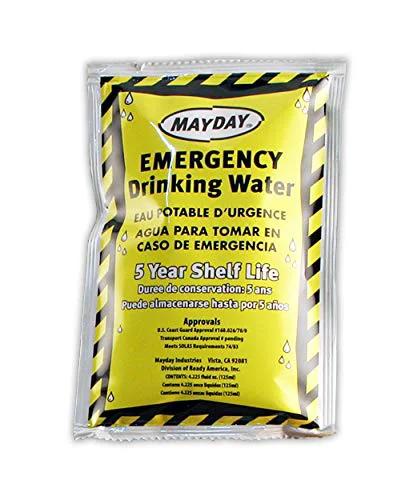 Emergency drinking water pouch, Mayday; yellow sealed bag with 5-year shelf life.