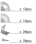 LED Channel Aluminum Track Kit With 24 Pieces Mounting Clips, End Caps, Diffuser, And Screws for install; components detailed