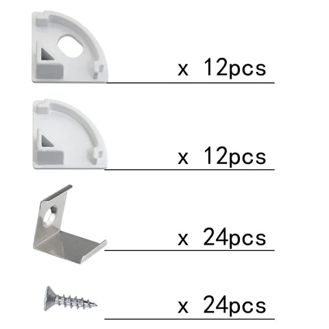 LED Channel Aluminum Track Kit With 24 Pieces Mounting Clips, End Caps, Diffuser, And Screws for install; components detailed