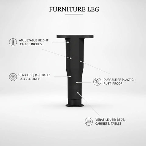 Durable PP Plastic Adjustable Furniture Leg With Square Black Base For Leveling Beds And Cabinets 13 To 17.3 Inch Height Heavy Duty Support