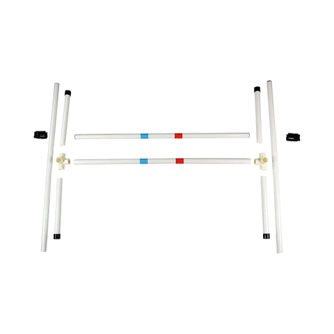 Disassembled Dog Agility Jump Bars Set Of Four With Adjustable Heights And 36 Inch Wide Spacing, ready for assembly and use.