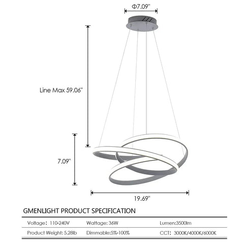 Diagram of Dope LED Chandelier Pendant With Remote, Dimmable 3000K-6000K Spiral Acrylic Light for Dining Room, 36W Gray, 59.06in max line
