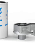 Quick-Fit Filter Adapter Kit For Up To 25 GPM Fuel Transfer Pumps With A 10 Micron Particulate Filter next to metal adapter piece.