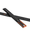 Two Piece Metal Buffer Drawer Slides Boasting Hella Smooth Soft Close Glide Mechanism With Bottom Mounted Concealed Track For Heavy Duty Cabinet Hardware That Seriously Steals The Show. Close-up view of black metal slide tracks.