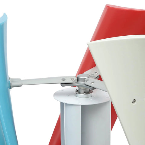 Vertical axis wind turbine blade assembly with blue and red blades attached to a metal hub and bracket