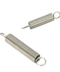 Two stainless steel tension springs with hooks in varying sizes for automotive repairs and industrial tasks.